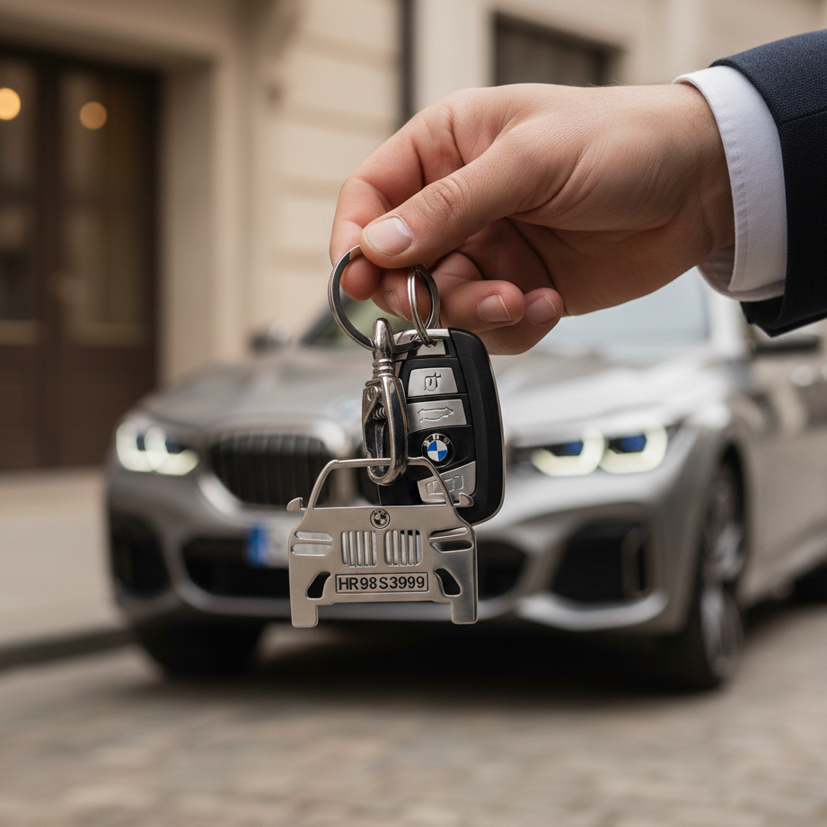 BMW custom car keychain by InGifted featuring a sleek design and logo, perfect for car enthusiasts.