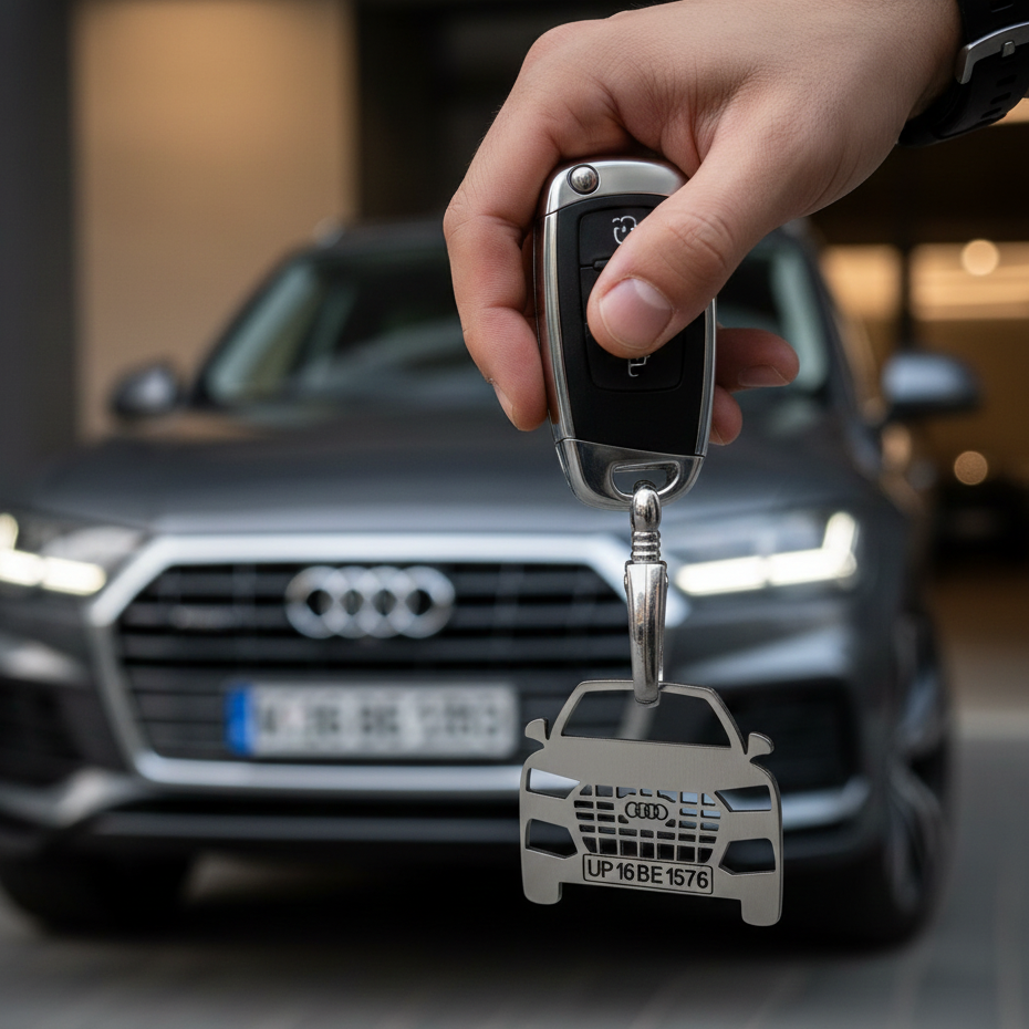 Audi custom car keychain by InGifted featuring a sleek design and logo, perfect for car enthusiasts and collectors.